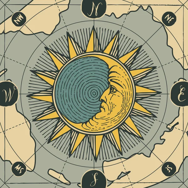 Vector banner with sign of moon, sun and old map — 스톡 벡터