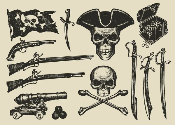 Vector set of hand drawn illustrations on a pirate theme — Stock Vector