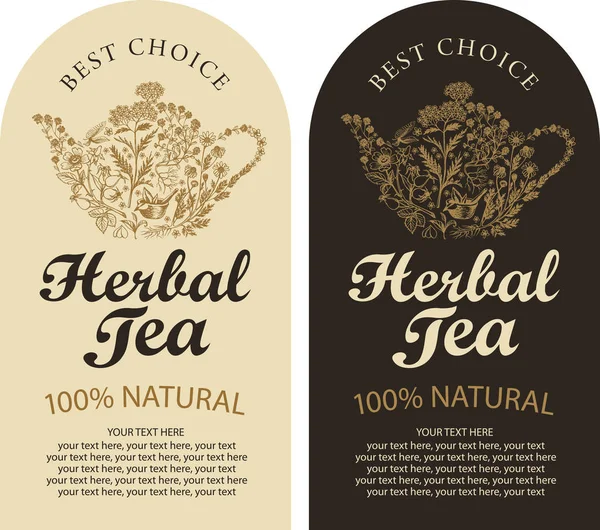 Set of labels for herbal tea with kettle and herbs — Stock Vector