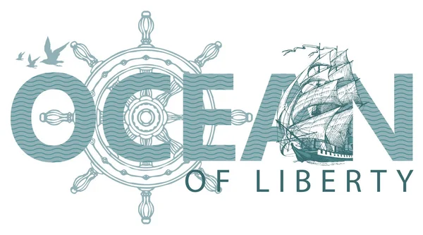 Γράμματα Ωκεανός με πηδάλιο, ιστιοφόρο και γλάρους — Διανυσματικό Αρχείο