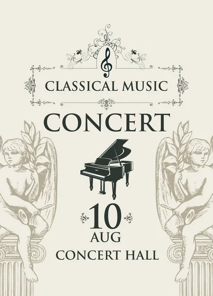 Poster per concerto musica classica con angeli e pianoforte a coda — Vettoriale Stock