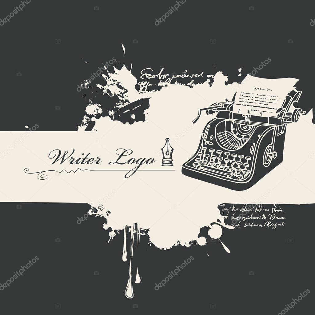 Vector banner with abstract black stains and calligraphic inscription Writer logo in retro style. Black and white artistic illustration with ink pen, blobs and splashes