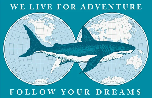 Vector travel banner με καρχαρία και παγκόσμιο χάρτη — Διανυσματικό Αρχείο