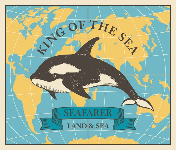 Bannière de voyage avec épaulard et carte du monde — Image vectorielle