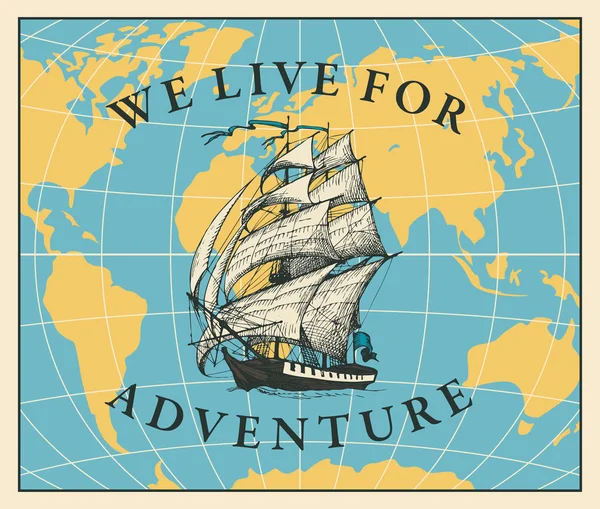Векторный флаг с парусным судном и картой мира — стоковый вектор