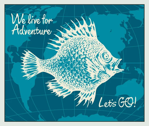Vector travel banner με μεγάλο ψάρι και παγκόσμιο χάρτη — Διανυσματικό Αρχείο