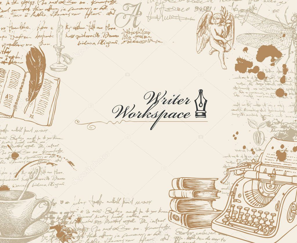 banner on a writers theme with sketches and place for text