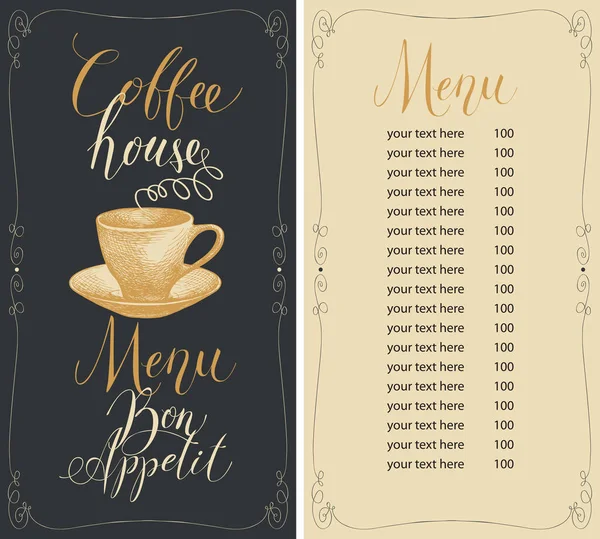 Kahve menüsü ve bir fincan sıcak kahve ve fiyat listesi. — Stok Vektör