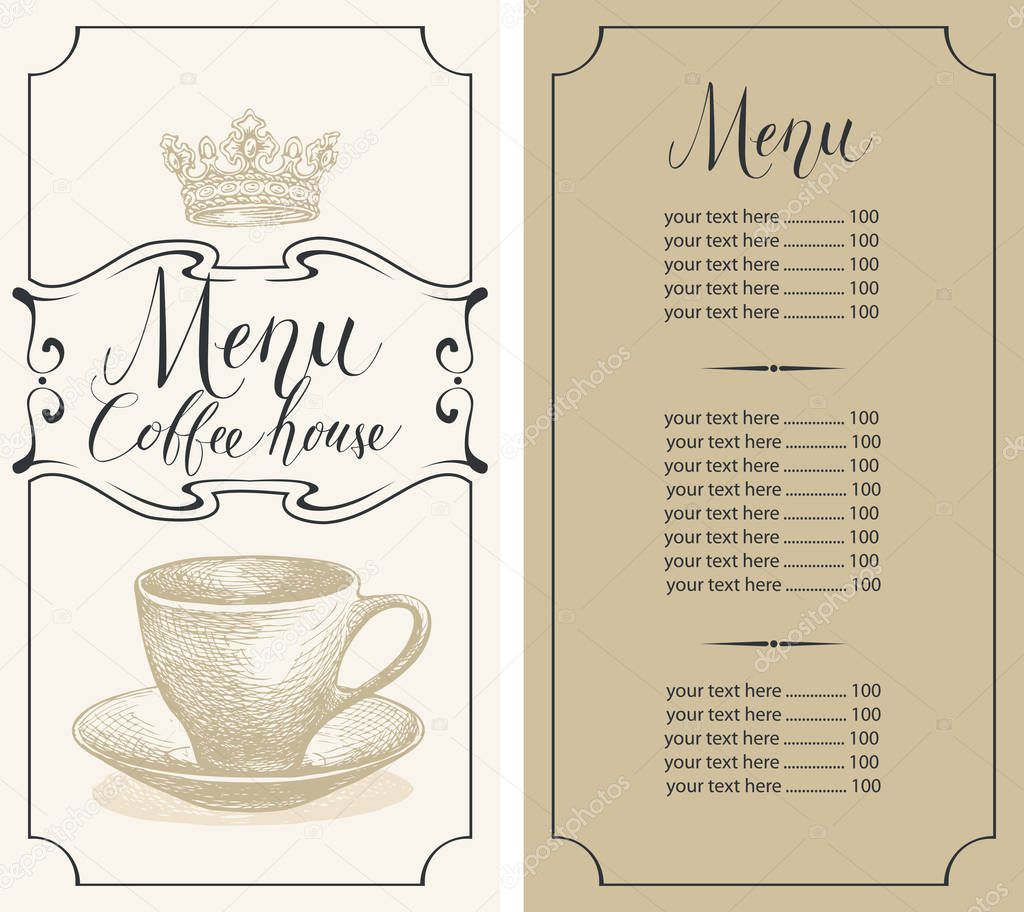 coffee house menu with cup, crown and price list