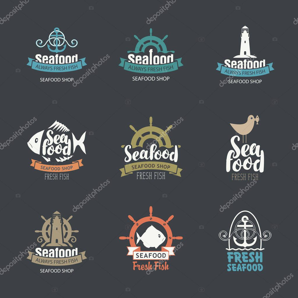 Set of vector logos for fish restaurant or shop. Collection of badges, stickers, icons, labels, emblems and design elements on the theme of seafood in retro style. Food design concept.