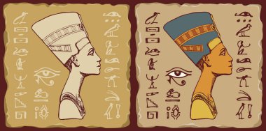 Mısır Kraliçesi Nefertiti ve hiyeroglifli fayanslar.