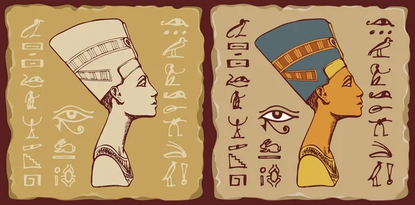 Baldosas con la reina egipcia Nefertiti y jeroglíficos — Vector de stock