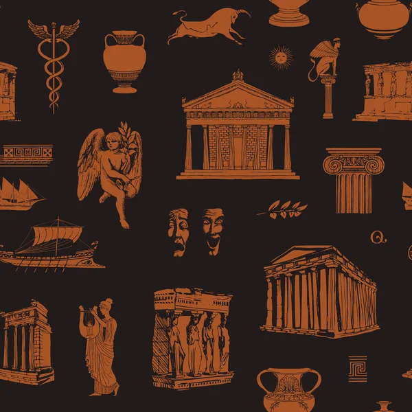 Patrón sin fisuras sobre el tema de la cultura griega antigua — Archivo Imágenes Vectoriales