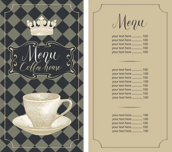 Menu for coffee house with cup, crown and price list — Stock Vector