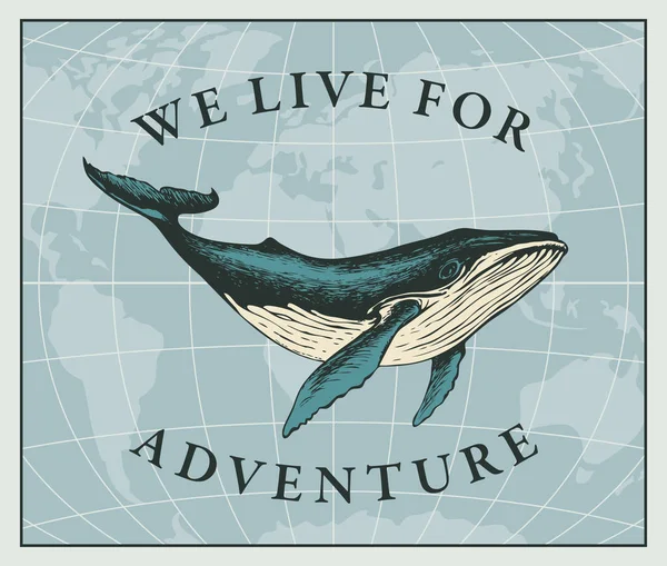 Туристичний банер з великим мальованим китом і старою картою — стоковий вектор
