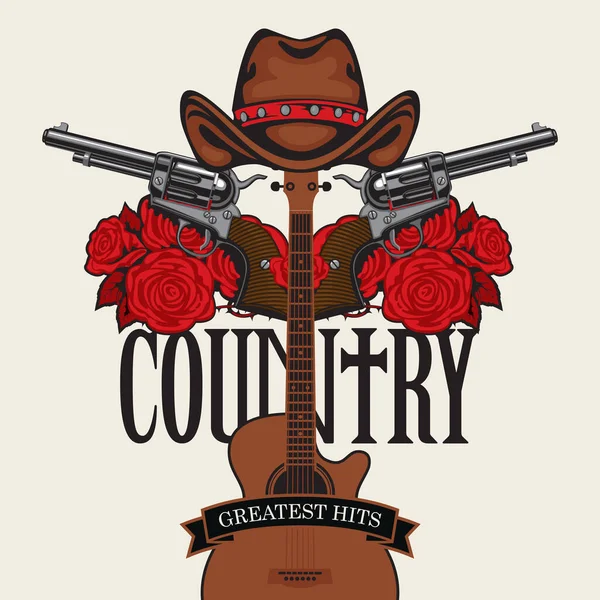 Lambang musik country dengan topi, pistol, mawar, gitar - Stok Vektor