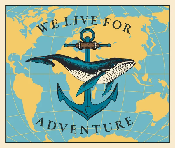 Reisbanner met walvis, anker en wereldkaart — Stockvector