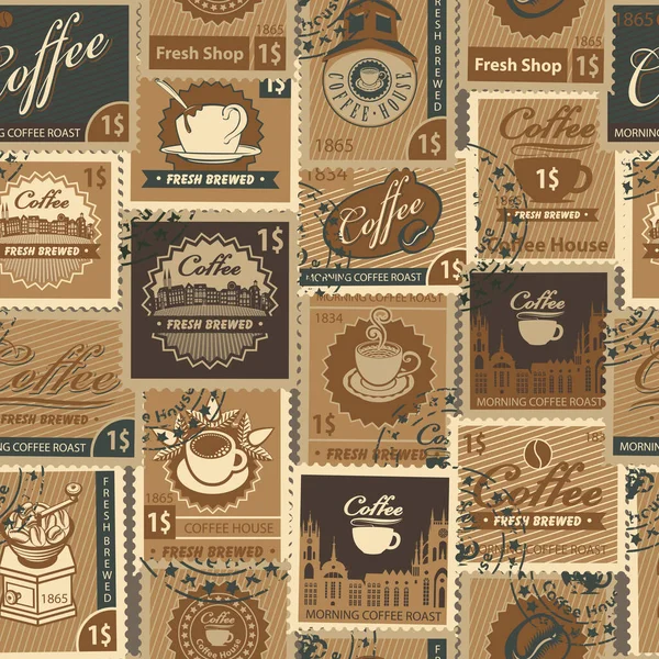 Płynny wzór ze znaczkami pocztowymi na temat kawy — Wektor stockowy