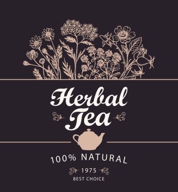 Şifalı bitki çayı ve çaydanlık için pankart veya etiket
