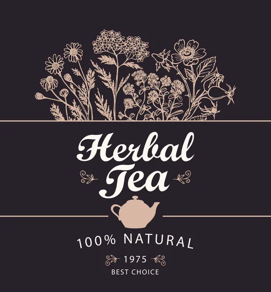 Πανό ή ετικέτα για τσάι από βότανα και τσαγιέρα — Διανυσματικό Αρχείο
