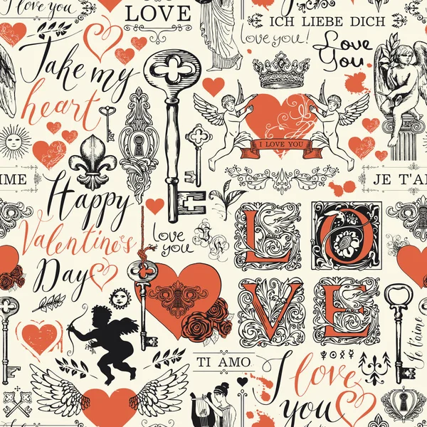 Seamless pattern with love lettering and hearts — Stock Vector