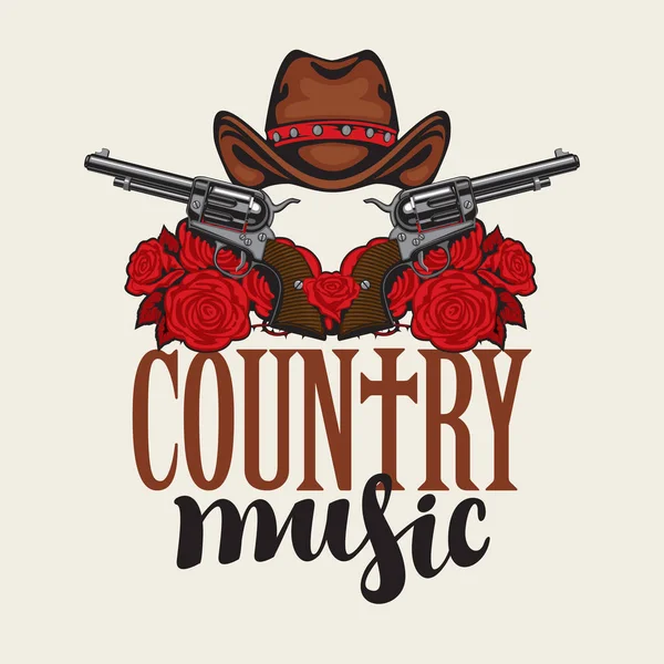 Country zene embléma kalappal, pisztollyal és rózsával — Stock Vector