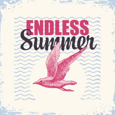 Martı ve güneşli seyahat bayrağı. Bitmeyen Yaz