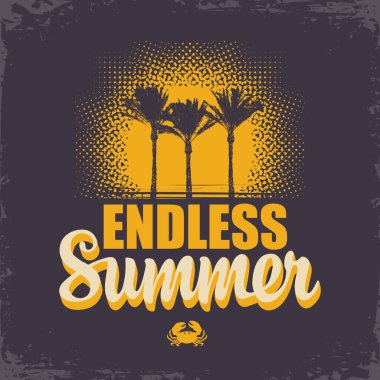 Palmiyeli ve güneşli dekoratif pankart. Bitmeyen Yaz