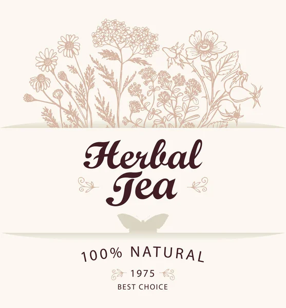 Banner o etiqueta para té de hierbas con dibujos de hierbas — Vector de stock