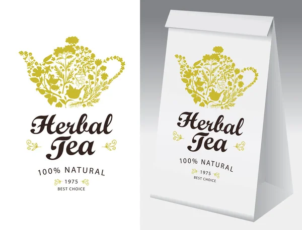 Embalaje y etiqueta de papel vectorial para té de hierbas — Vector de stock