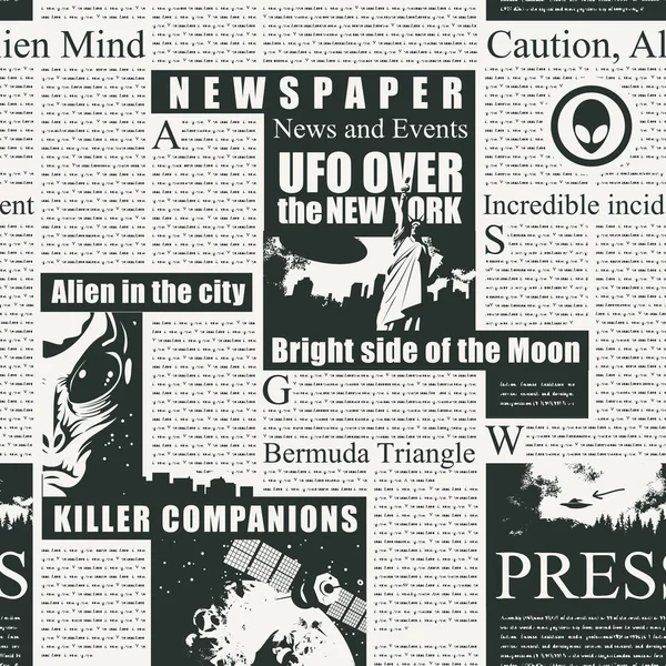 Krantenpapier naadloos patroon op de Ufos thema — Stockvector
