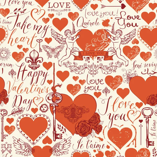 Seamless pattern with hearts and love lettering — Stock Vector