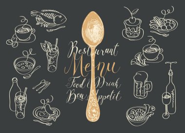 Kaşıklı menü ve farklı yemek taslakları.