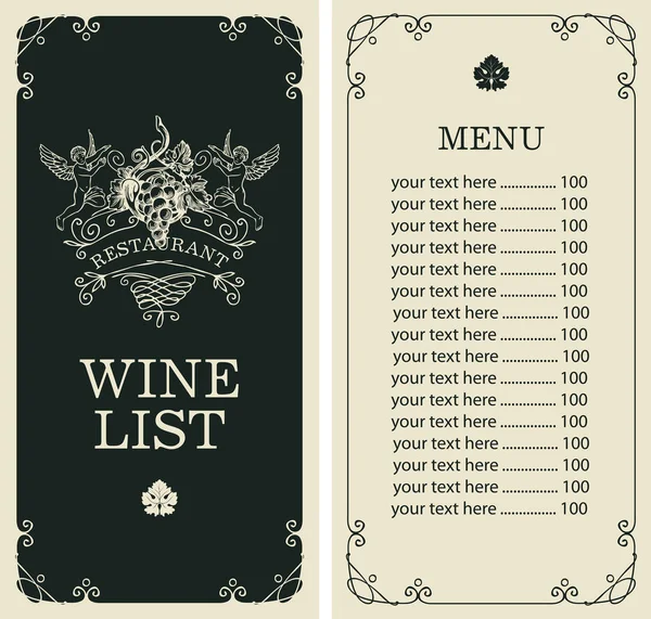 Carte des vins vectoriels avec curlicues, anges et raisins — Image vectorielle
