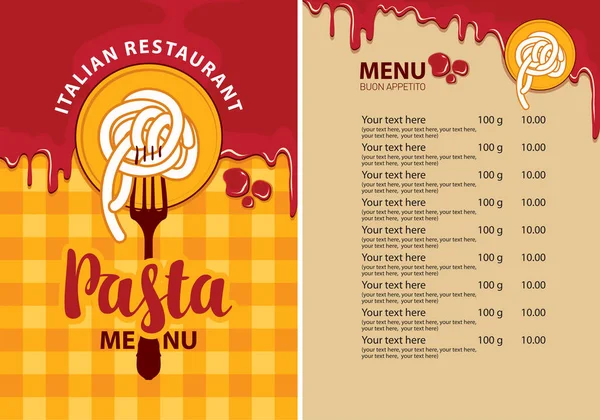 Pasta menu voor Italiaans restaurant met pasta op een vork — Stockvector