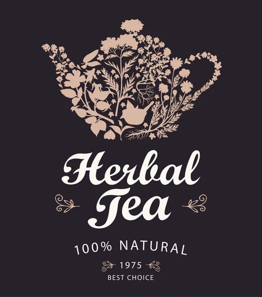 Etiqueta o pancarta para el té de hierbas con hervidor de agua y hierbas — Vector de stock