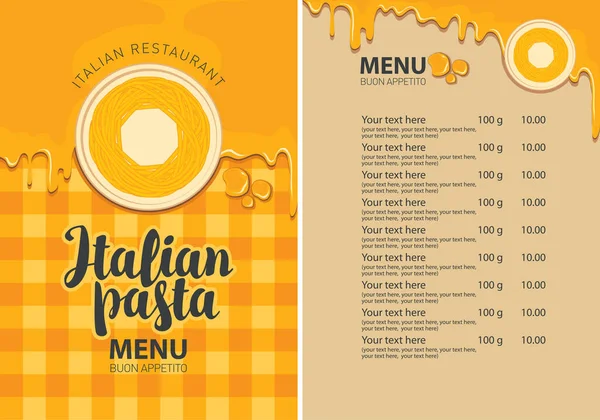 Menú de pasta para restaurante italiano con pasta en un plato — Archivo Imágenes Vectoriales