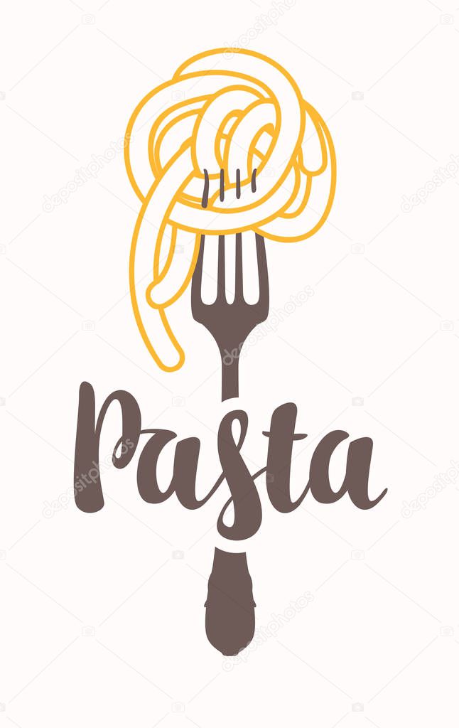 Vector banner with pasta on a fork and calligraphic inscription on light background. Decorative illustration in flat style. Suitable for flyer, label, tag, logo, icon, badge, sticker, design elements