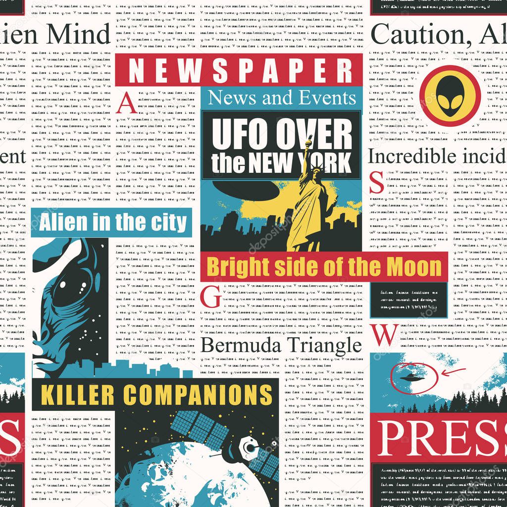 Newspaper seamless pattern on the theme of UFOs