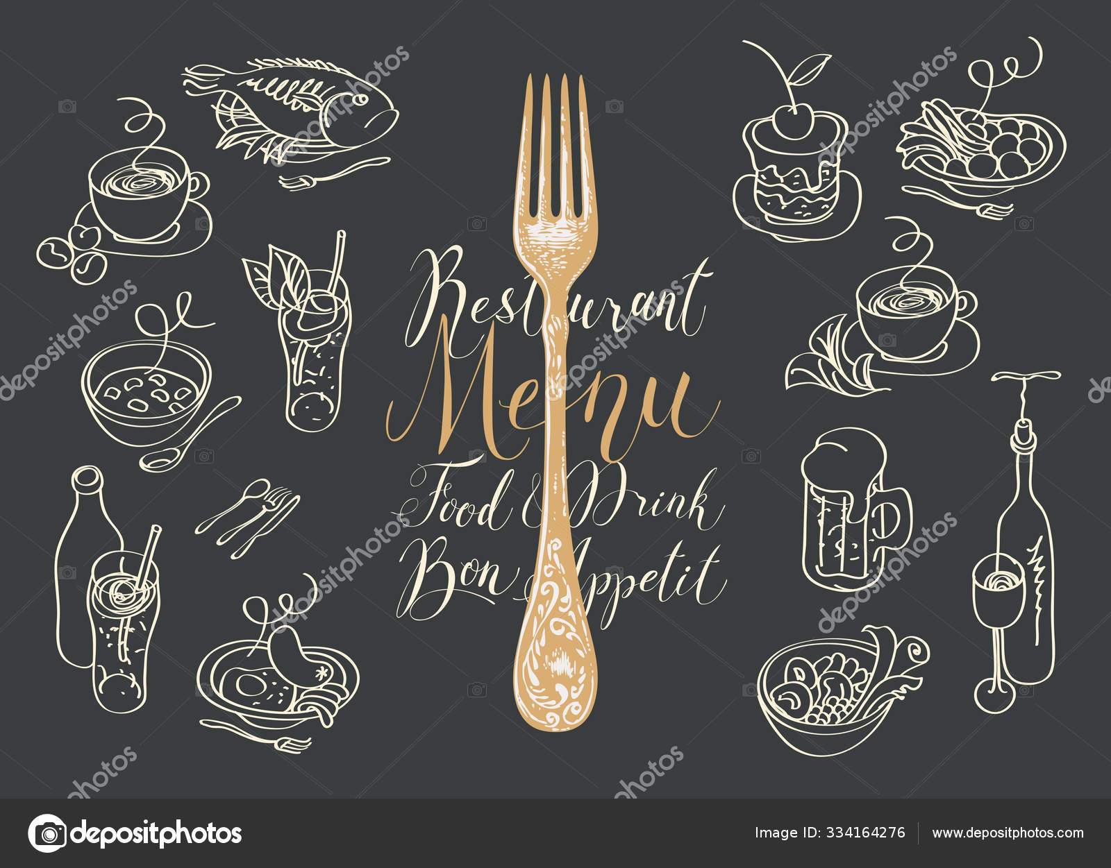 Restaurant menu med gaffel og skitser af retter Stockvektor af ©paseven  334164276, image size:1600x1251