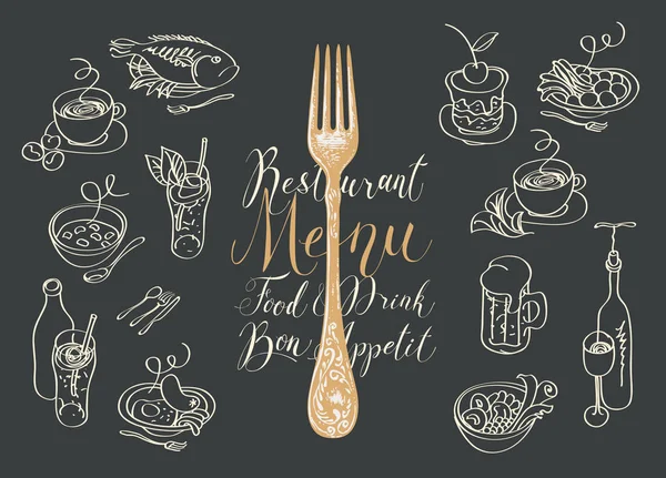 Menu restaurant avec fourchette et croquis de plats — Image vectorielle