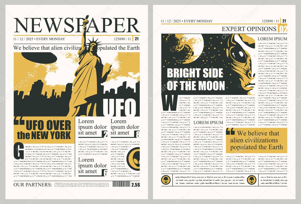 template for layout of us newspaper on the UFOs theme