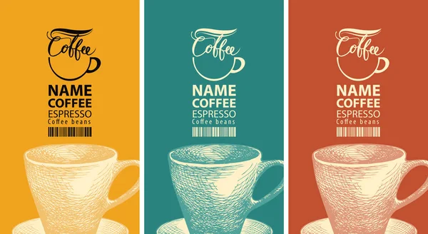 Set di etichette per caffè vettoriale con tazza e codice a barre — Vettoriale Stock