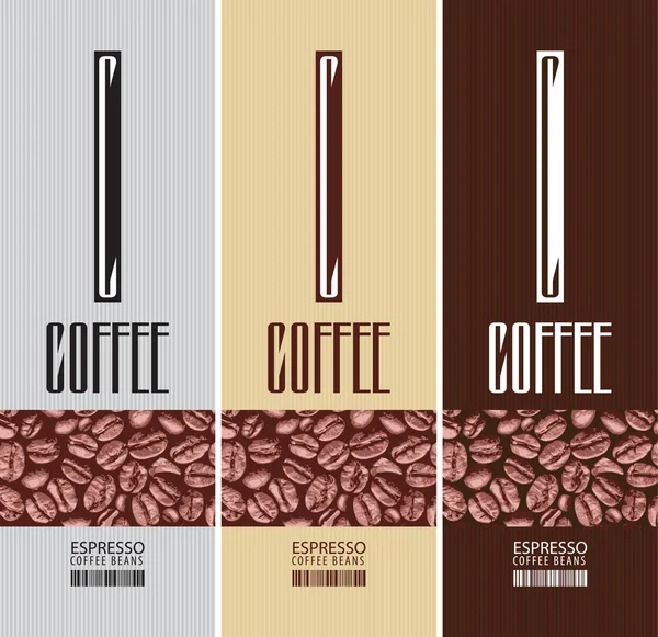 Jeu vectoriel de trois étiquettes verticales pour grains de café — Image vectorielle