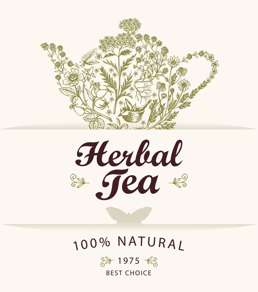 Etykieta lub baner na herbatę ziołową z czajnikiem i ziołami — Wektor stockowy
