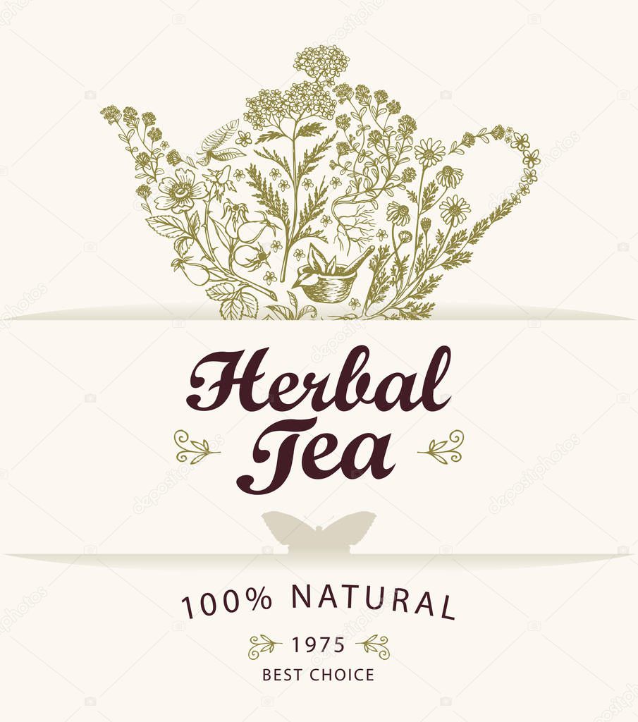 label or banner for herbal tea with teapot and herbs