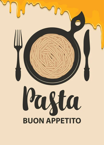 Pancarta con pasta en una sartén y cubiertos — Archivo Imágenes Vectoriales