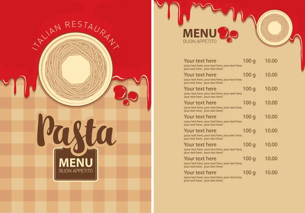 意大利餐馆的面食菜单上有意大利面 — 图库矢量图片