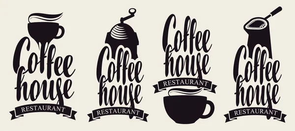 Conjunto vetorial de logotipos de café ou emblemas da casa de café — Vetor de Stock