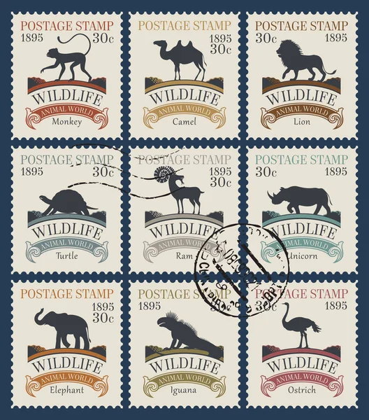 Conjunto de sellos postales sobre el tema de la vida silvestre con animales — Archivo Imágenes Vectoriales
